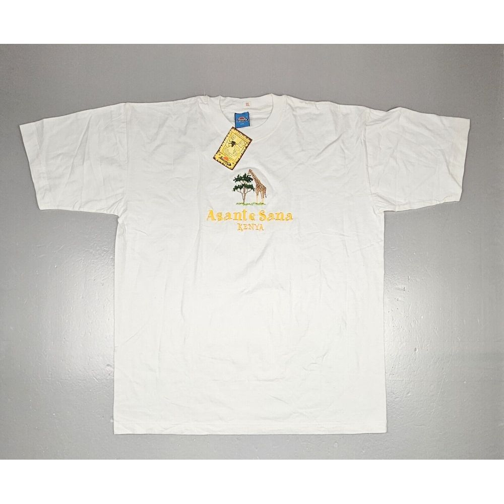 Asante Sana Kenya T-Shirt Mens 2XL. Vintage Africa‎ White Embroidered Giraffe.